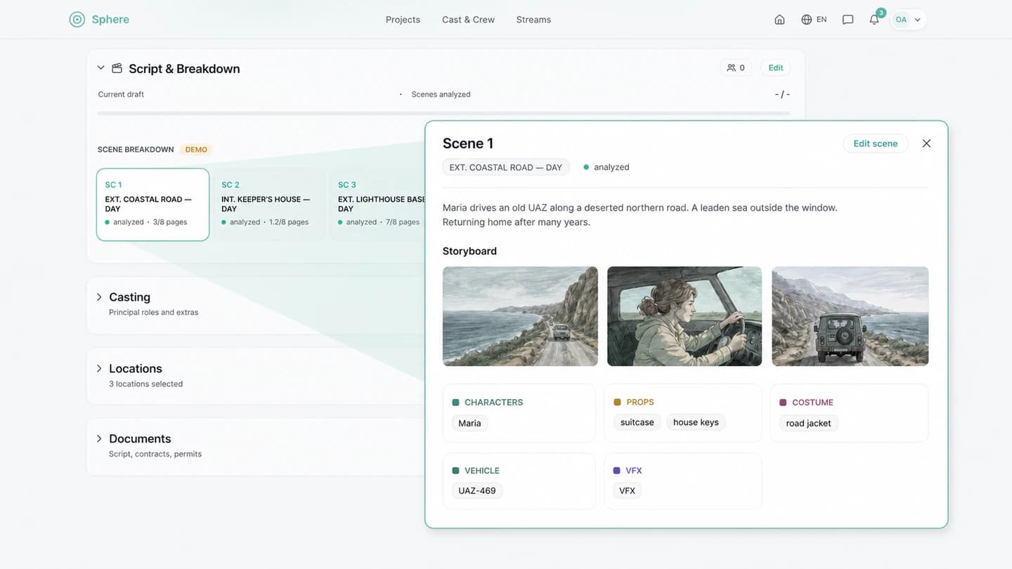 Script breakdown interface in Sphere Cinema