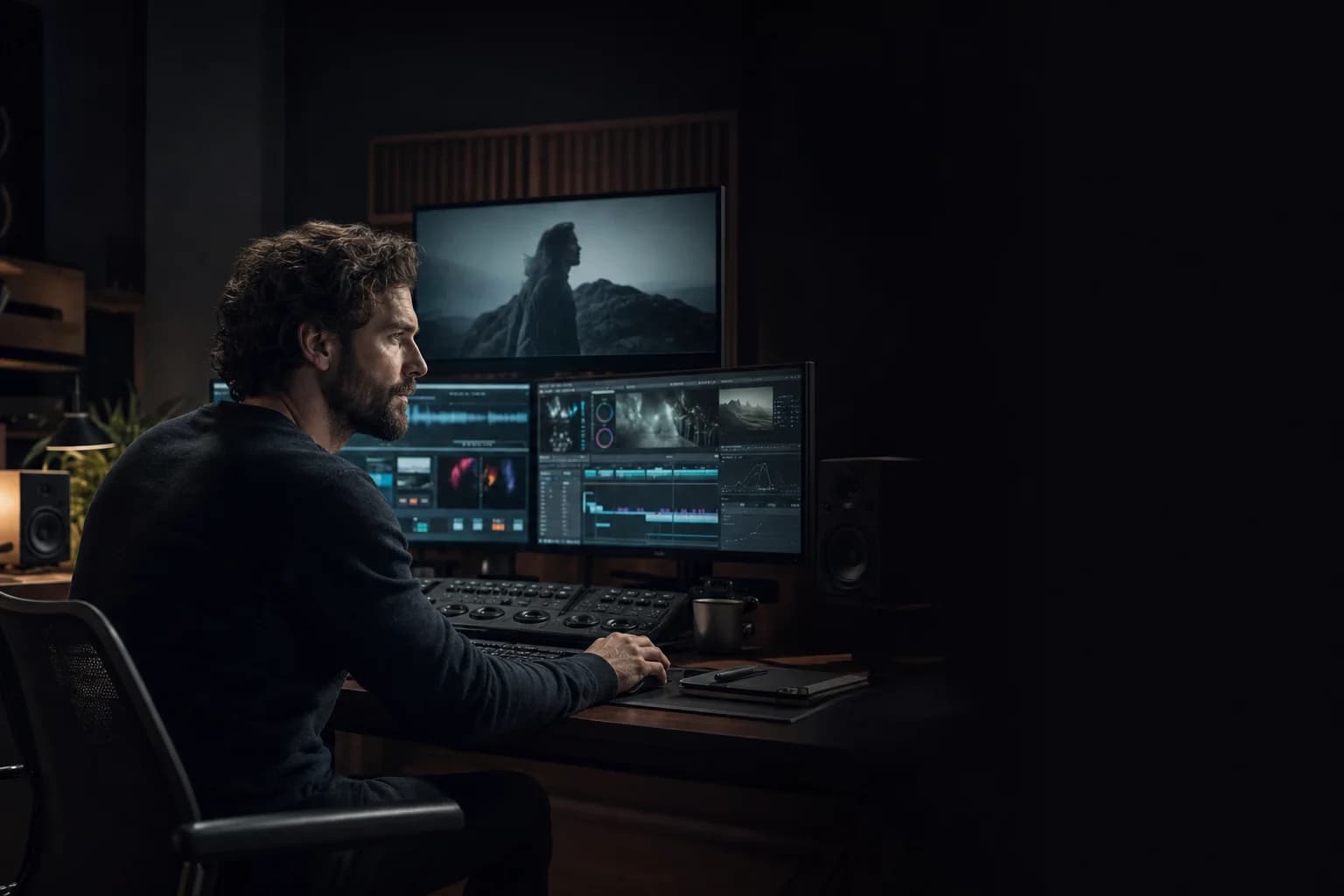 A specialist at a cinema editing console